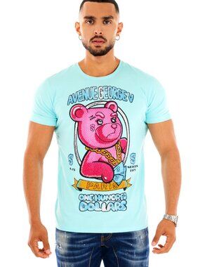 Avenue George V Paris T-Shirt Men's Blue short sleeve Rhinestone Teddy XL 2XL